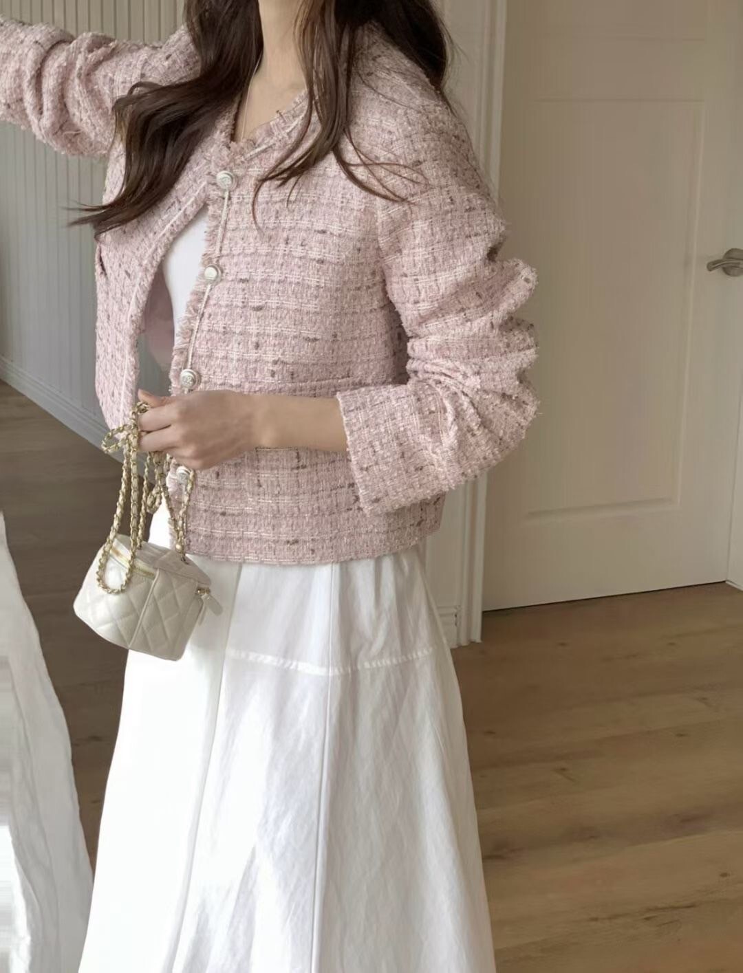 配色格線織紋感圓領排釦雙排釦外套 / 3色