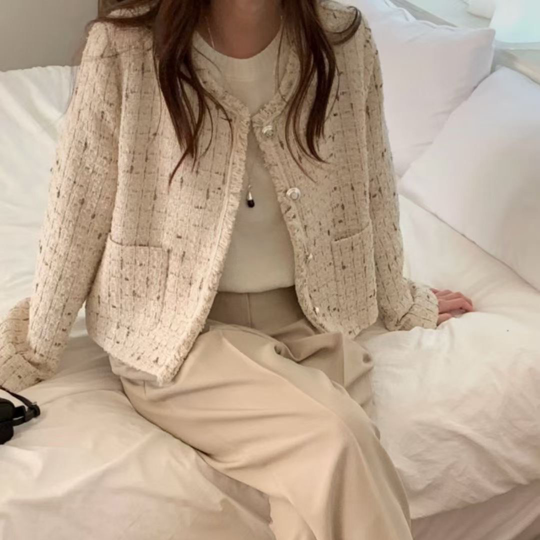 配色格線織紋感圓領排釦雙排釦外套 / 3色