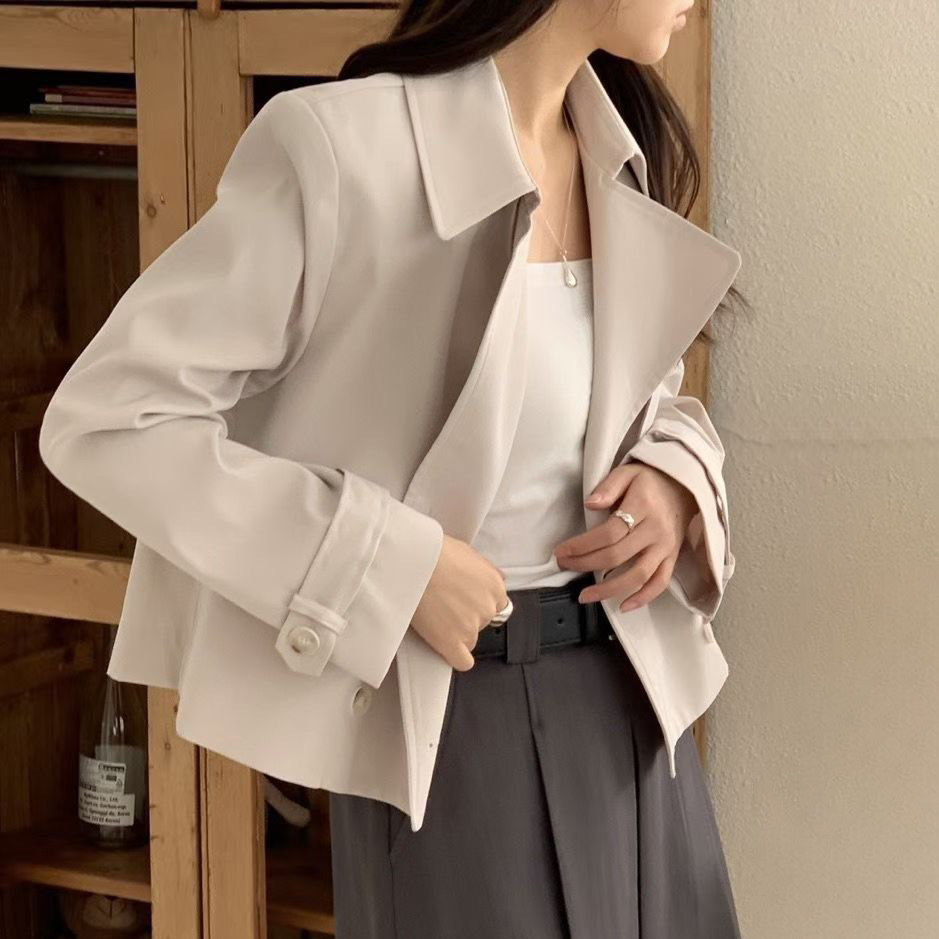 時髦女子雙排釦翻領短版風衣外套 / 3色