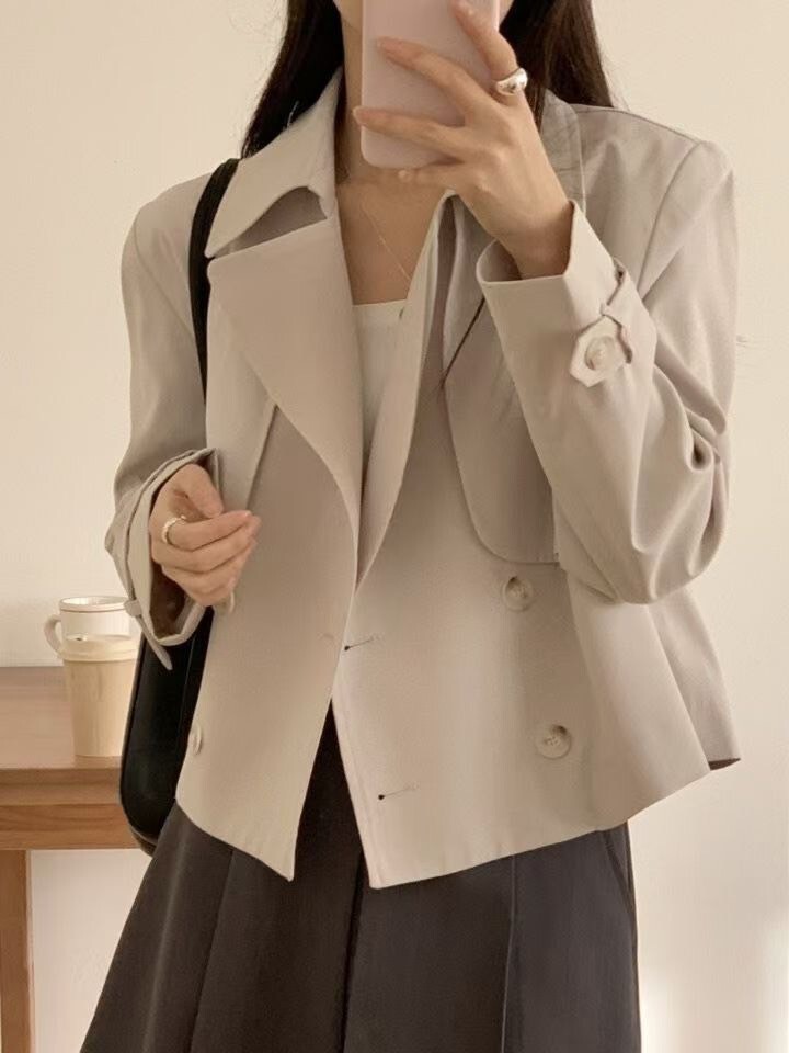 時髦女子雙排釦翻領短版風衣外套 / 3色