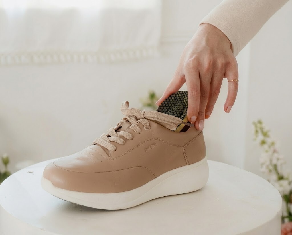 鞋墊替換教學步驟一：將鞋內原本缺乏支撐力且扁塌的舊鞋墊抽出，為升級氣墊腳感做準備。