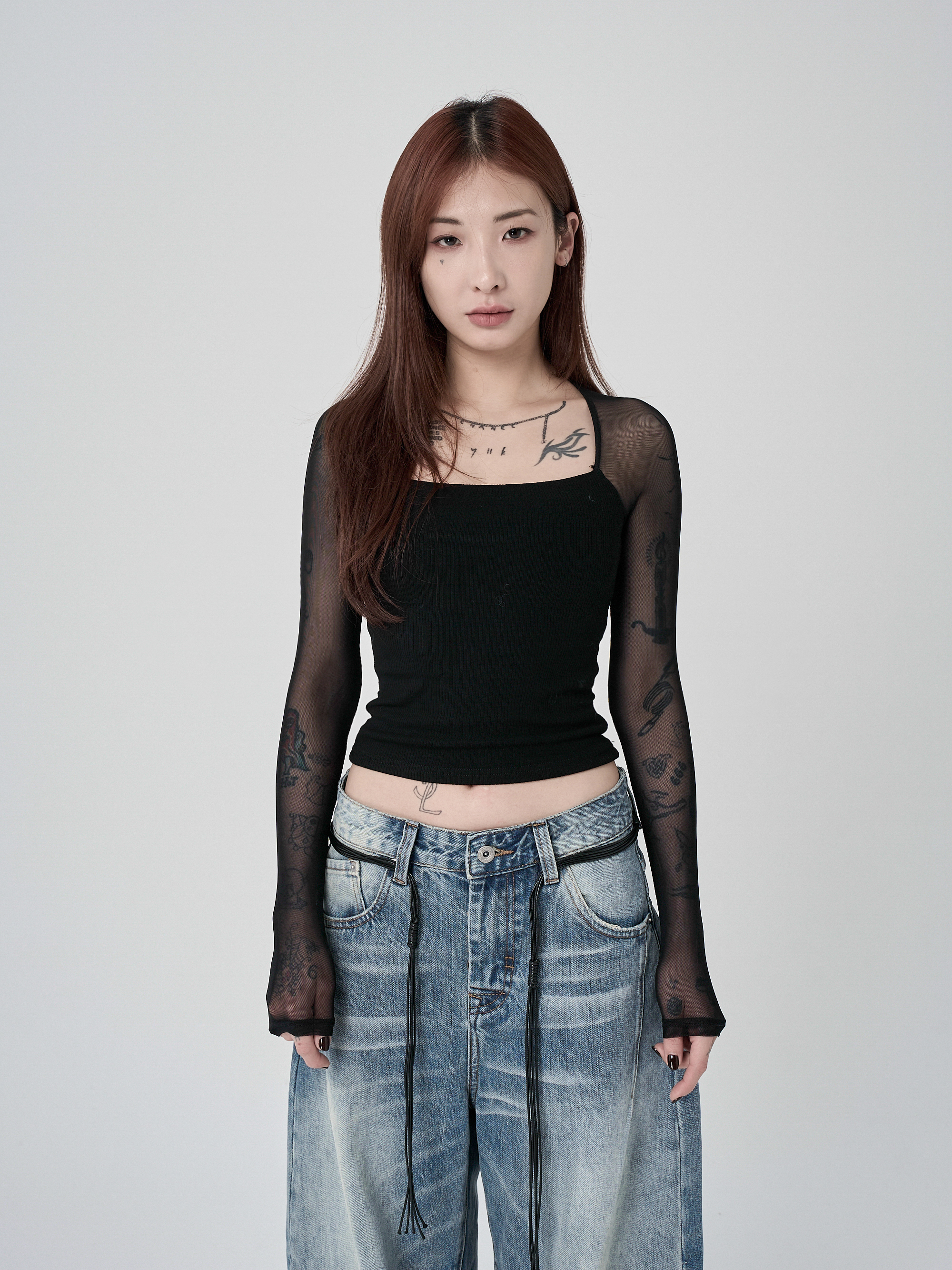 拼接一字領透感長袖-黑