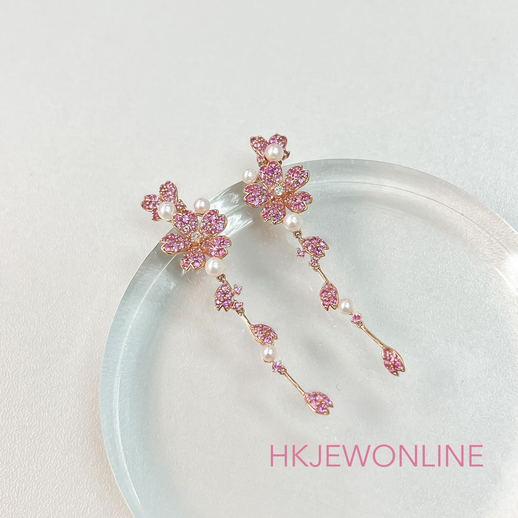 🌸 18K Rose Gold Pink Sapphire with Pearl Sakura Collection (Drop Earrings/ Necklace/ Earrings/ Ring）