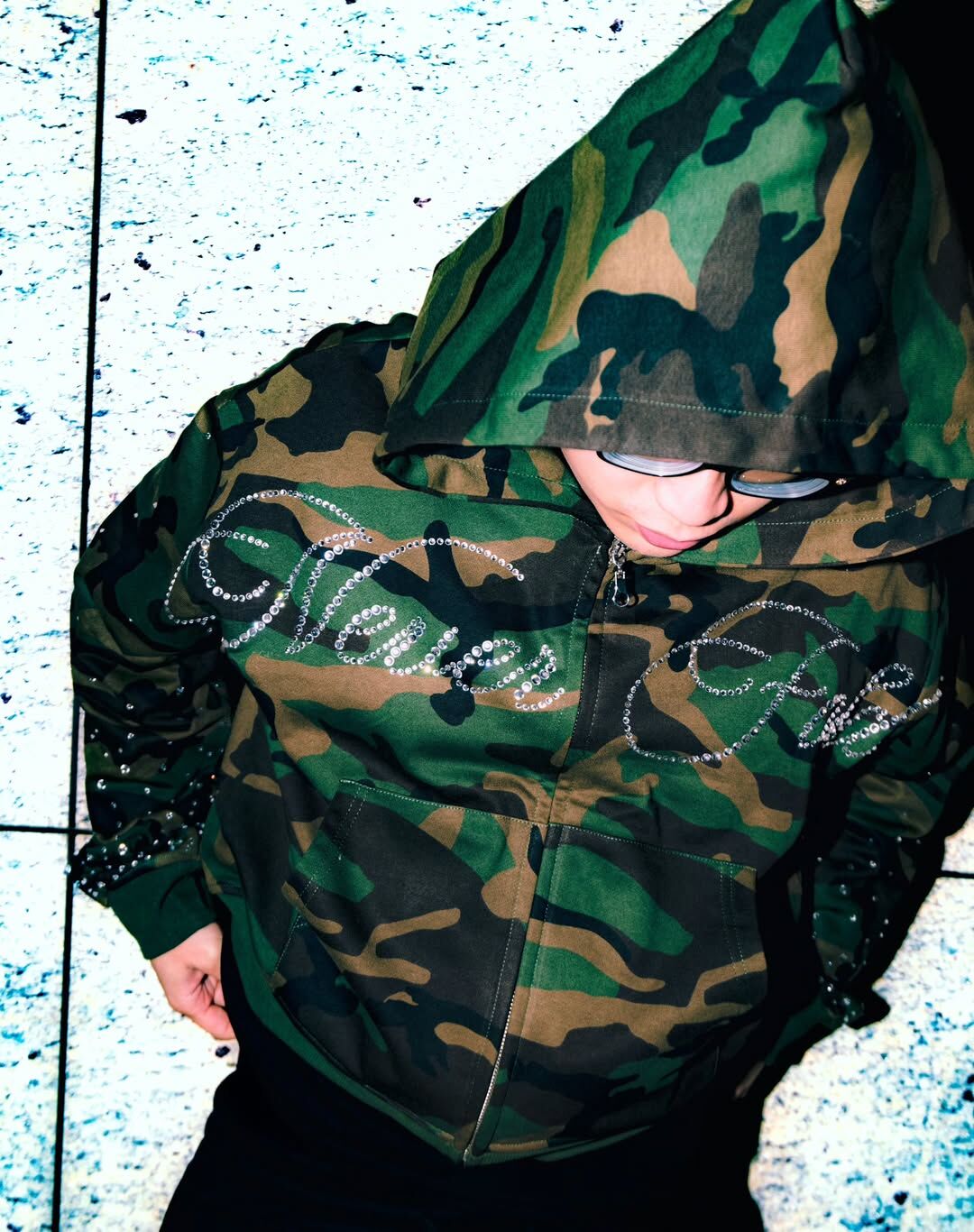 K.Often｜Camo Rhinestone Zip Hoodie