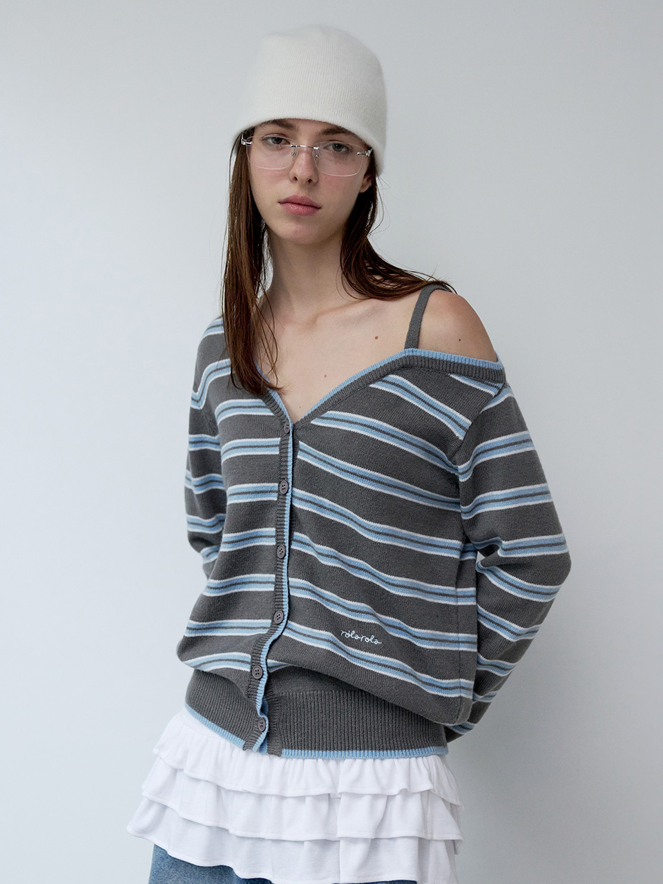 [23/02 - 06/03] RolaRola ONE OFF SHOULDER STRIPE CARDIGAN GRAY