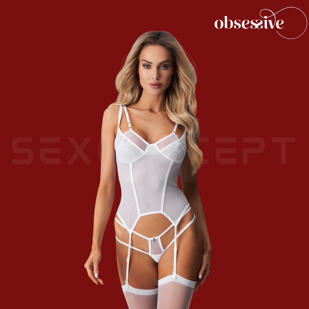 Obsessive - Arrowel 羽紋雙肩帶蕾絲束腰馬甲 白色 - S/M/L/XL/XXL/XXXL