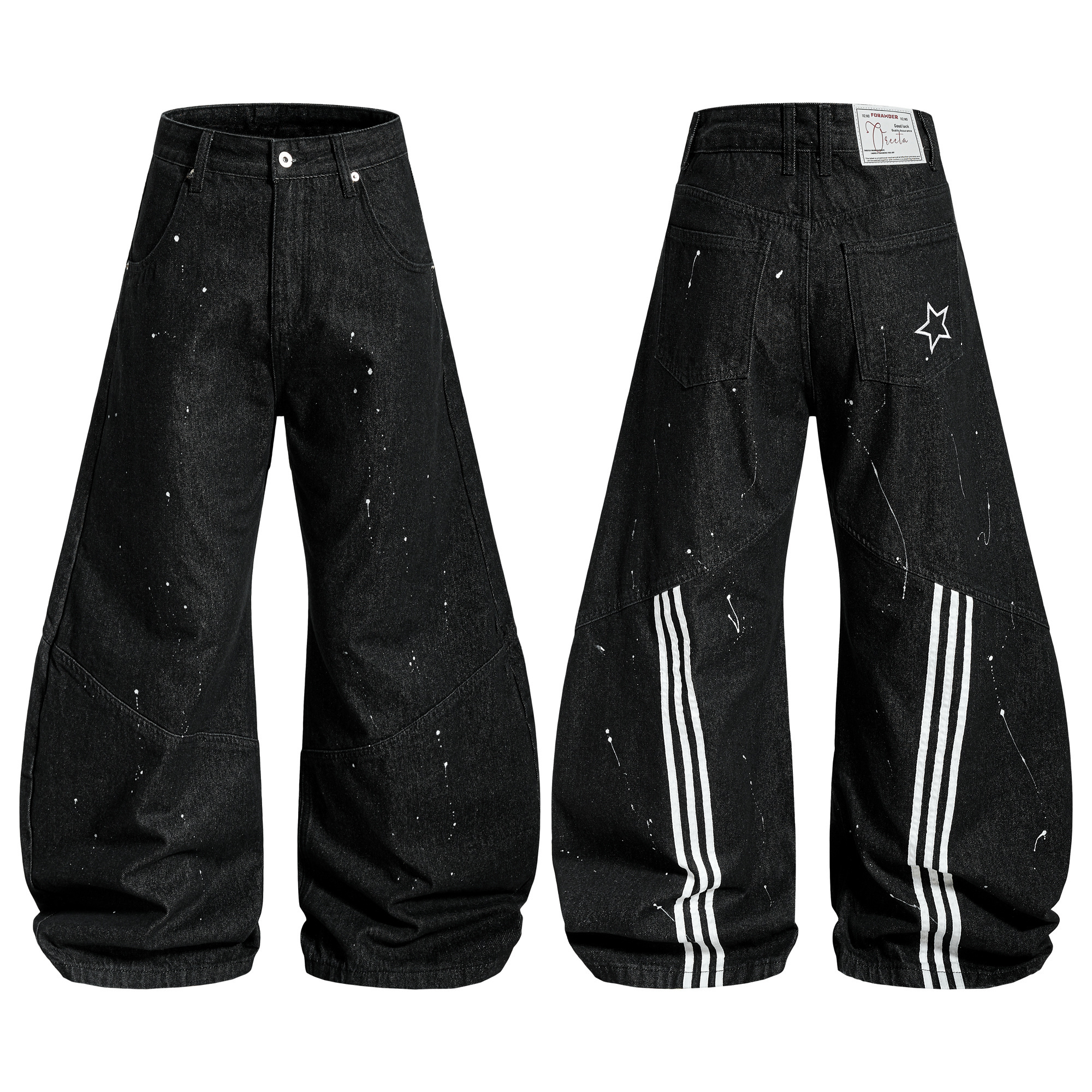 《S.V》潑漆三條紋彎刀牛仔褲