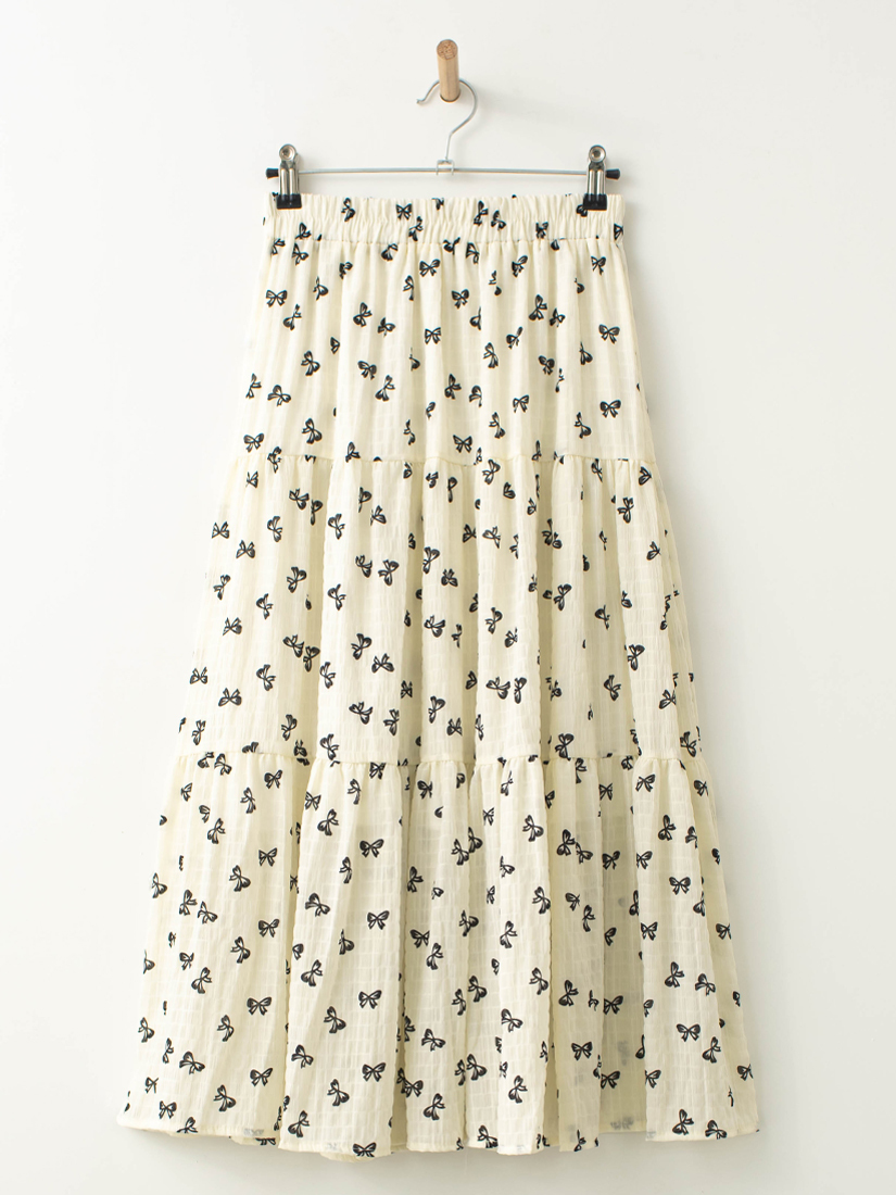 蝴蝶結印花紋理細褶蛋糕長裙