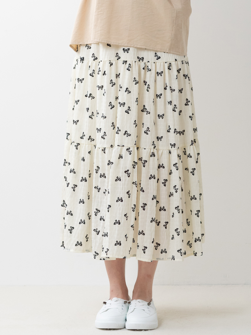 蝴蝶結印花紋理細褶蛋糕長裙