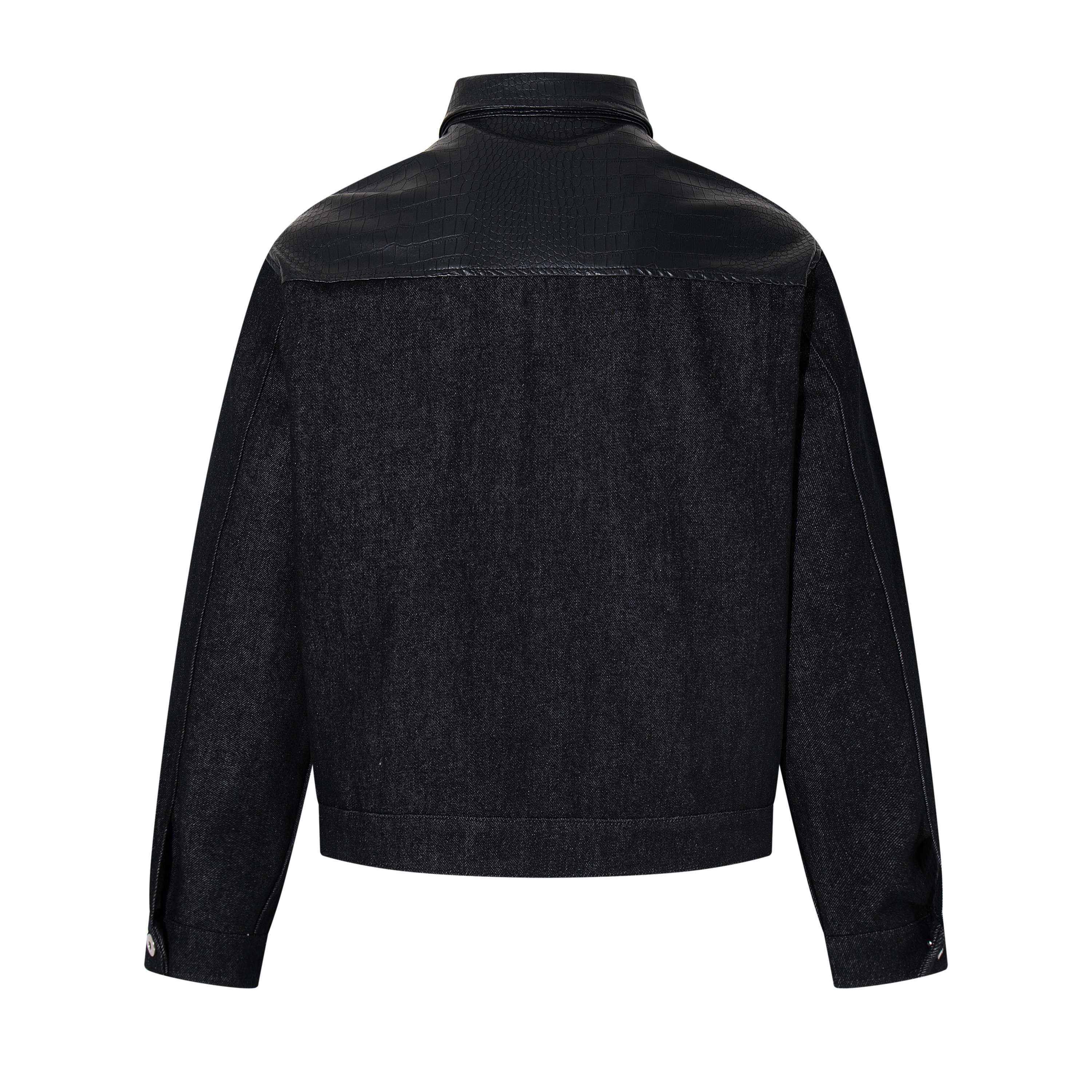 《S.V》皮革蛇紋拼接牛仔夾克