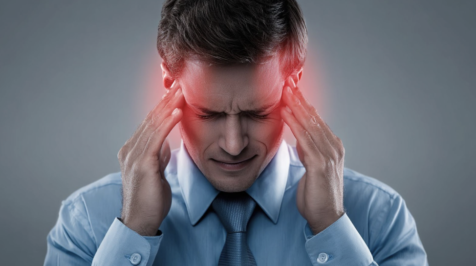 一名男子雙手按住太陽穴,臉部顯現痛苦神色,兩側太陽穴處有紅色光效象徵劇烈頭痛。