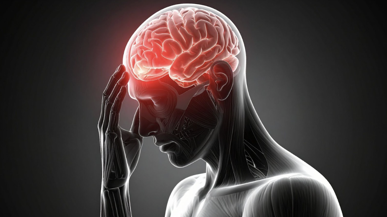 人體頭部側面的 3D 醫學透視圖,顯示大腦部位發出紅光,象徵頭痛、思考壓力或腦部神經活動。