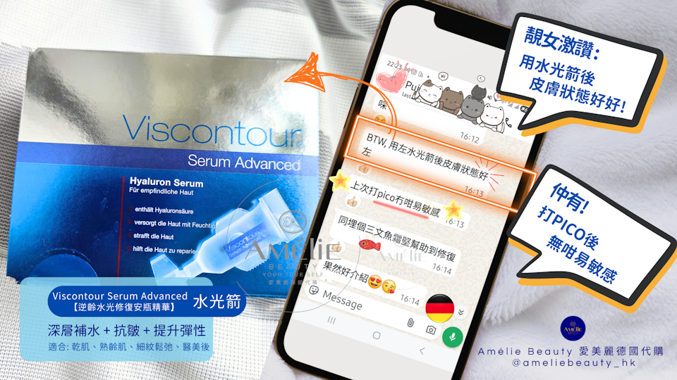 德國 Viscontour Serum Advanced 升級版 HA 水光箭安瓶精華，旁邊展示手機對話紀錄顯示真實用家好評讚賞使用後皮膚狀態良好，且在 PICO 醫美療程後能減少肌膚敏感。產品採用深藍色包裝盒，每盒含 30 支 1ml 安瓶，具備深層補水、抗皺及提升彈性功效，適合乾性肌、熟齡肌、細紋鬆弛及醫美術後修復。 / Viscontour Serum Advanced upgraded HA ampoule from Germany shown with a mobile screen displaying positive customer feedback on improved skin condition and reduced sensitivity after PICO laser treatments. The product comes in a dark blue box containing 30 individual 1ml applicators, offering deep hydration, anti-wrinkle, and elasticity-boosting benefits ideal for dry, mature skin with fine lines or post-medical aesthetic recovery.