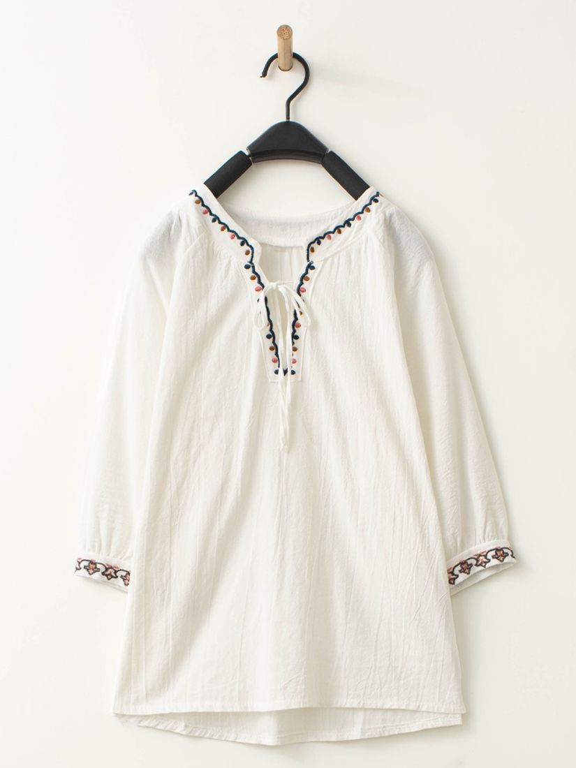 立領綁帶繡花上衣繡花純棉柔軟寬褲組合