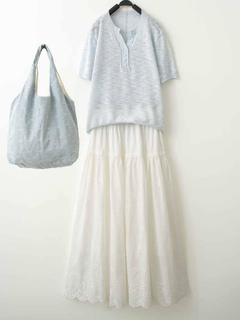 半門襟短袖針織上衣繡花棉布蕾絲長裙組合