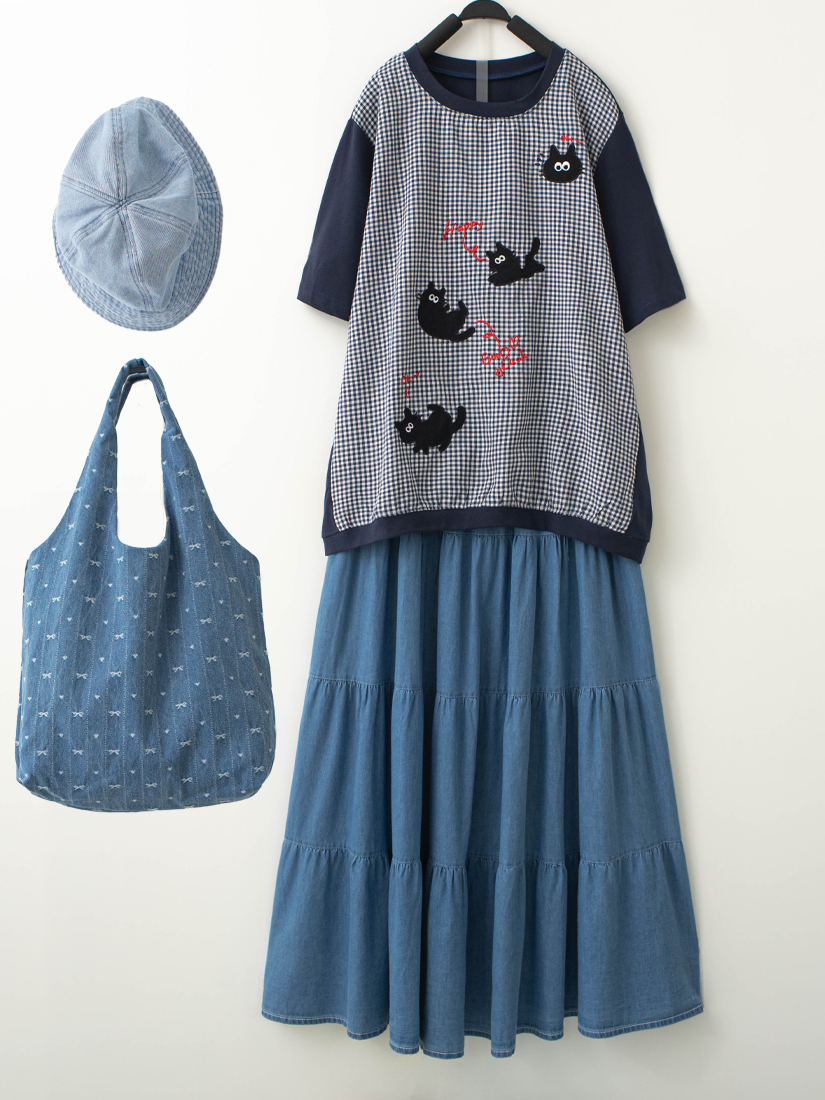 格紋拼接短袖上衣蛋糕薄棉牛仔長裙組合