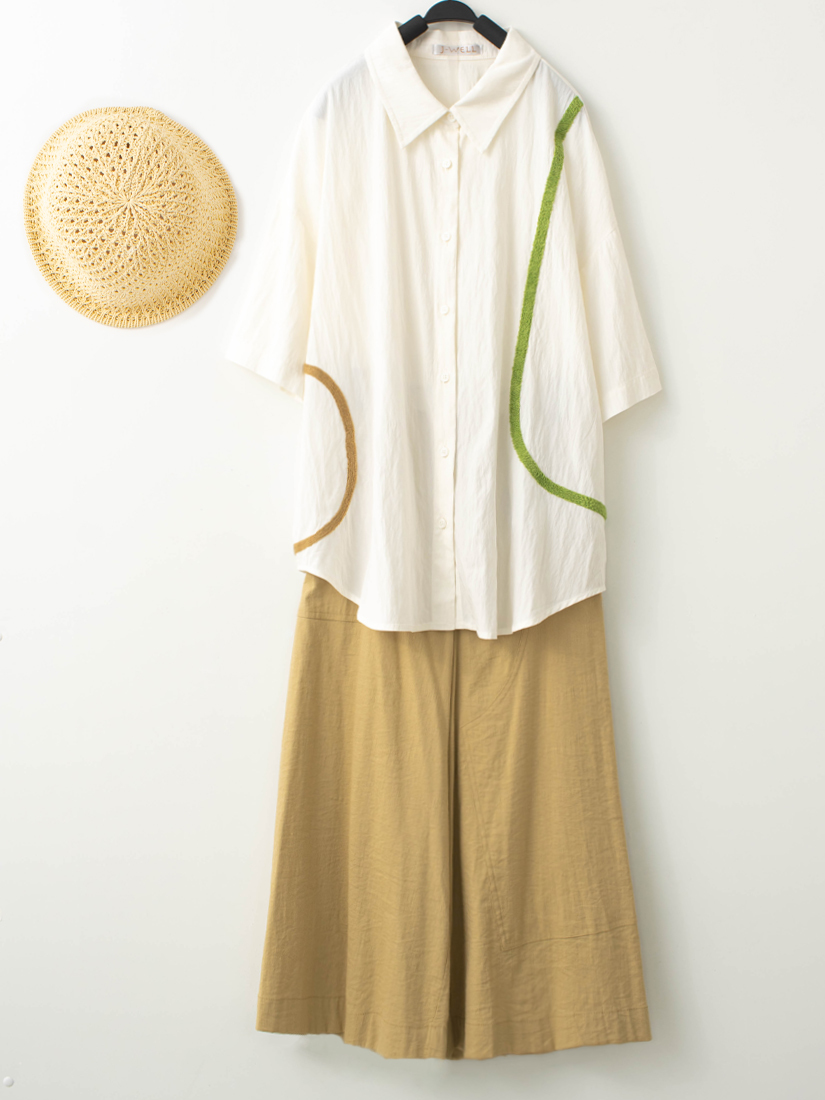 撞色毛巾繡上衣剪接不對稱八分寬褲組合