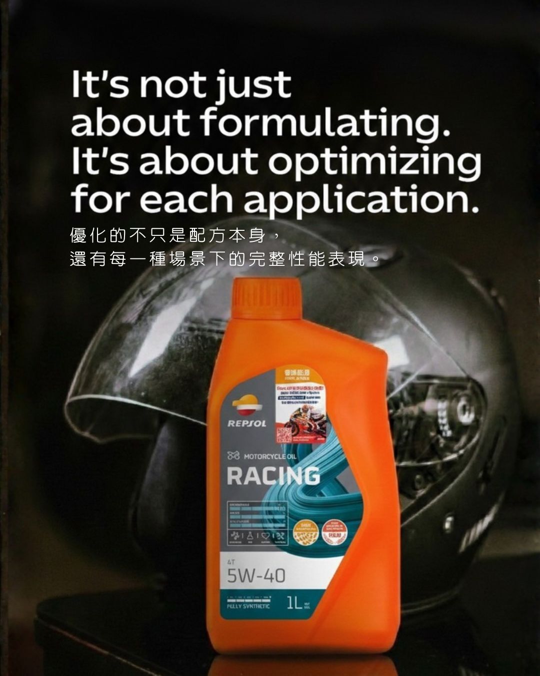 Repsol Racing 4T 5W-40 全合成機油,針對不同駕駛場景優化性能。
