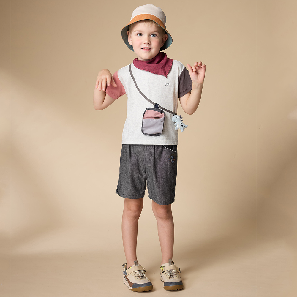 PIPPY 休閒風鬆緊腰圍異材質剪接短褲 灰