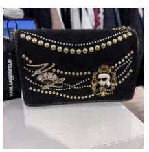 [S] KARL LAGERFELD BLACK/GOLD L5GEO4BP-BGD LOURDES SUEDE FLAP CROSSBODY, 198913836165 (SKL1531)