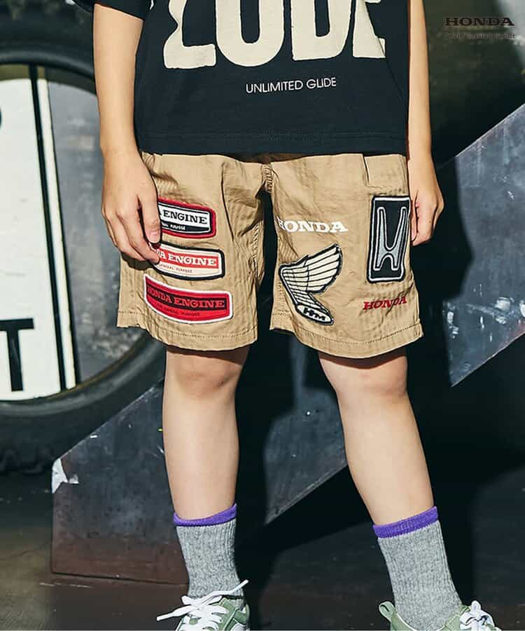 日本 F.O.KIDS X HONDA 刺繡拼接 五分休閒褲 (卡其色，130) R223016