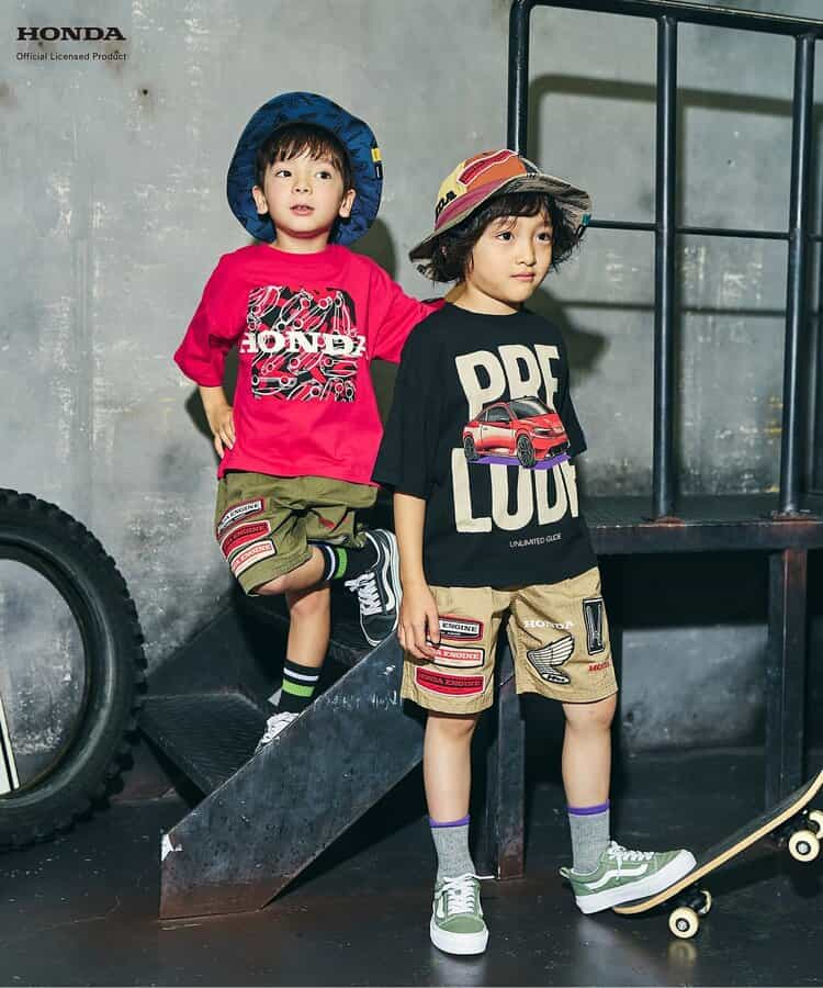 日本 F.O.KIDS X HONDA 刺繡拼接 五分休閒褲 (卡其色，130) R223016