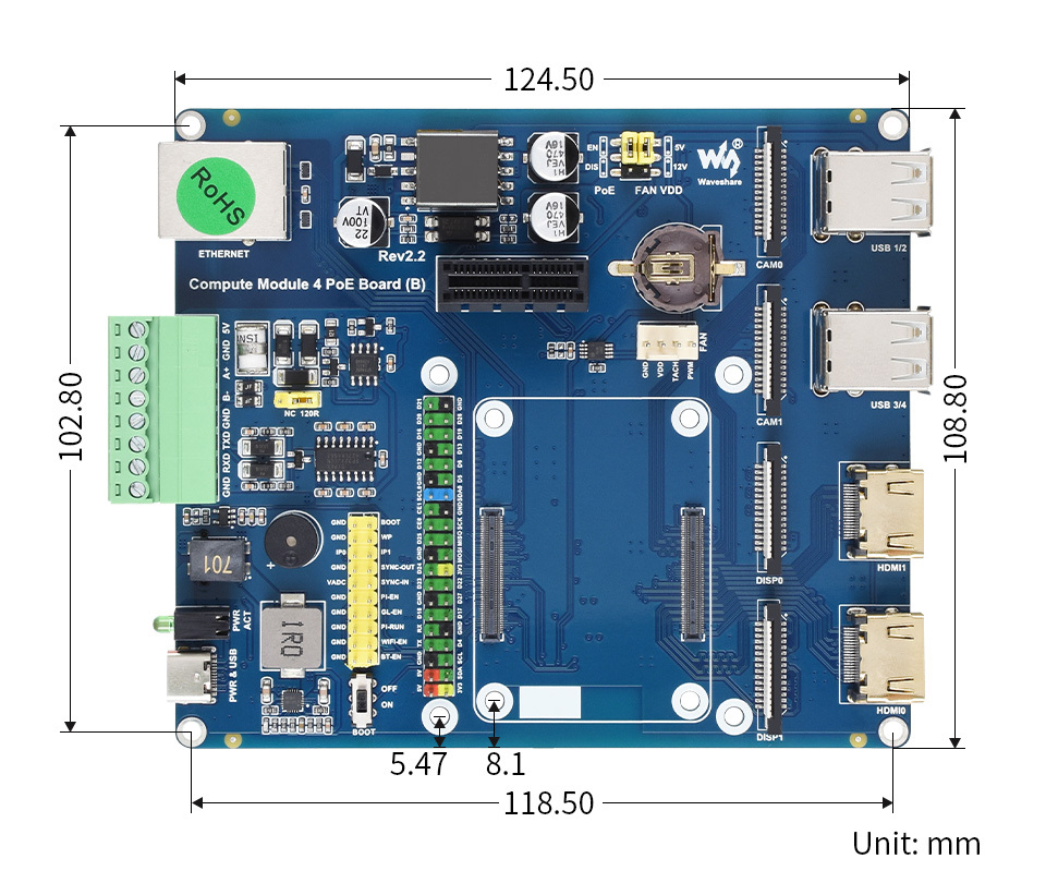 樹莓派 CM4 I/O 擴充底板 - B型/支援PoE,尺寸規格