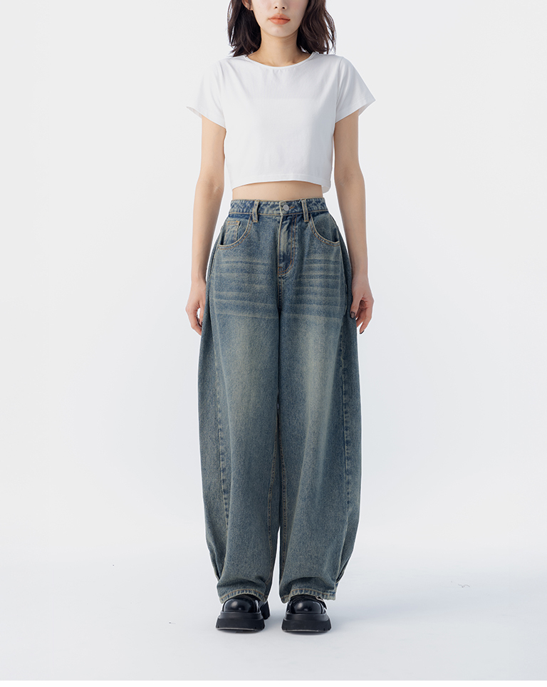 侧打折剪接茧型牛仔长裤 S-L【04011846】现+预