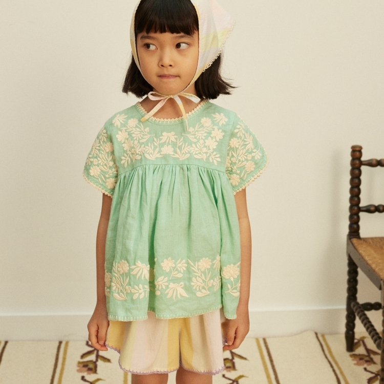 Apolina 撞色民族風刺繡上衣 STEVIE BLOUSE - SEAGLASS