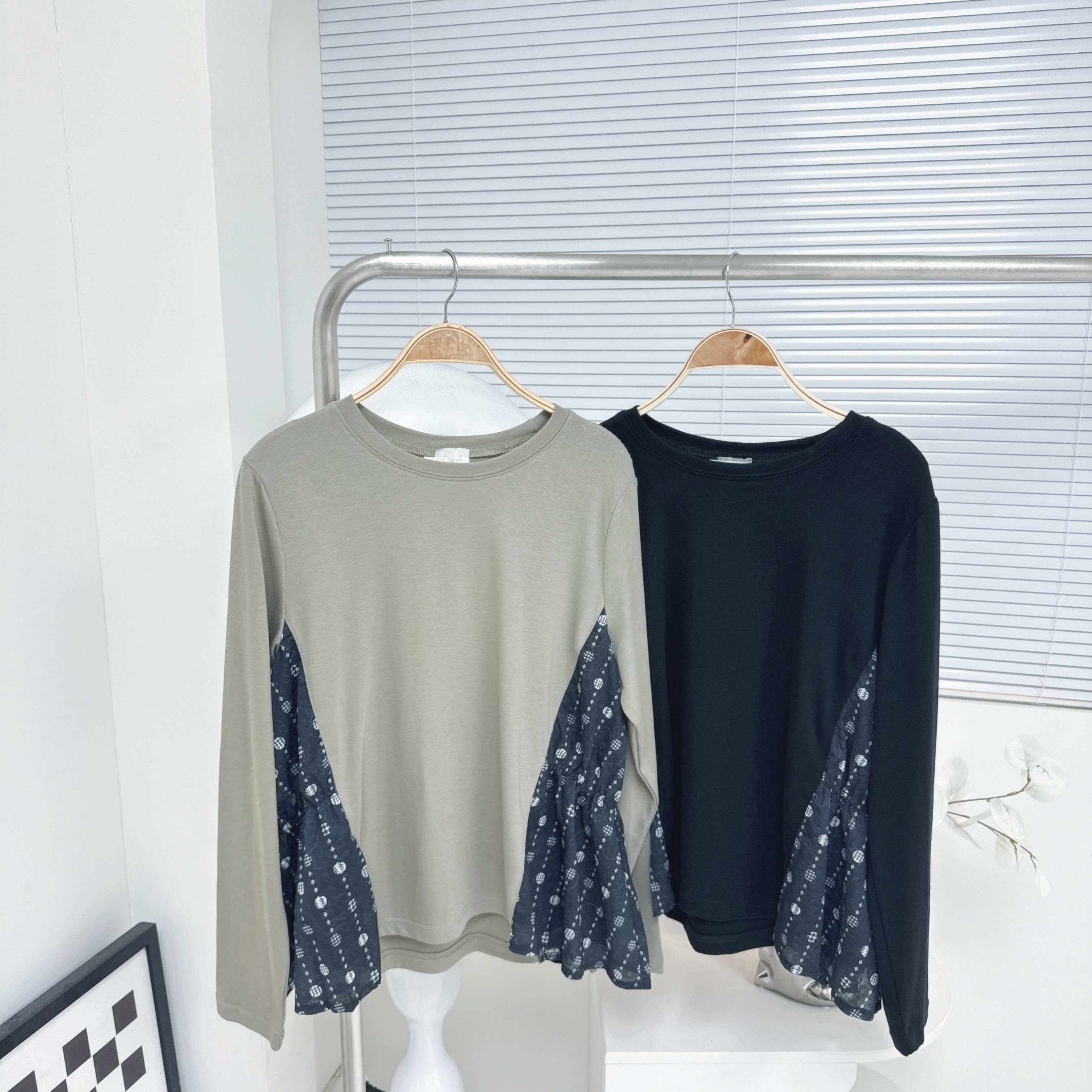 【廠家制】側拼花布長袖TOP