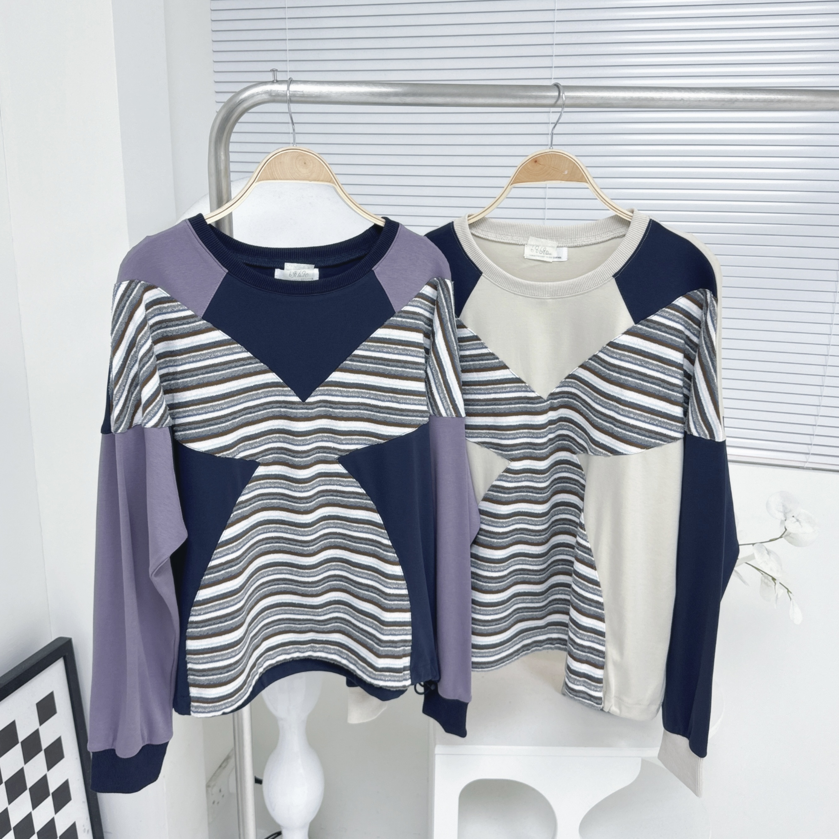 【廠家制】橫間拼布長袖TOP