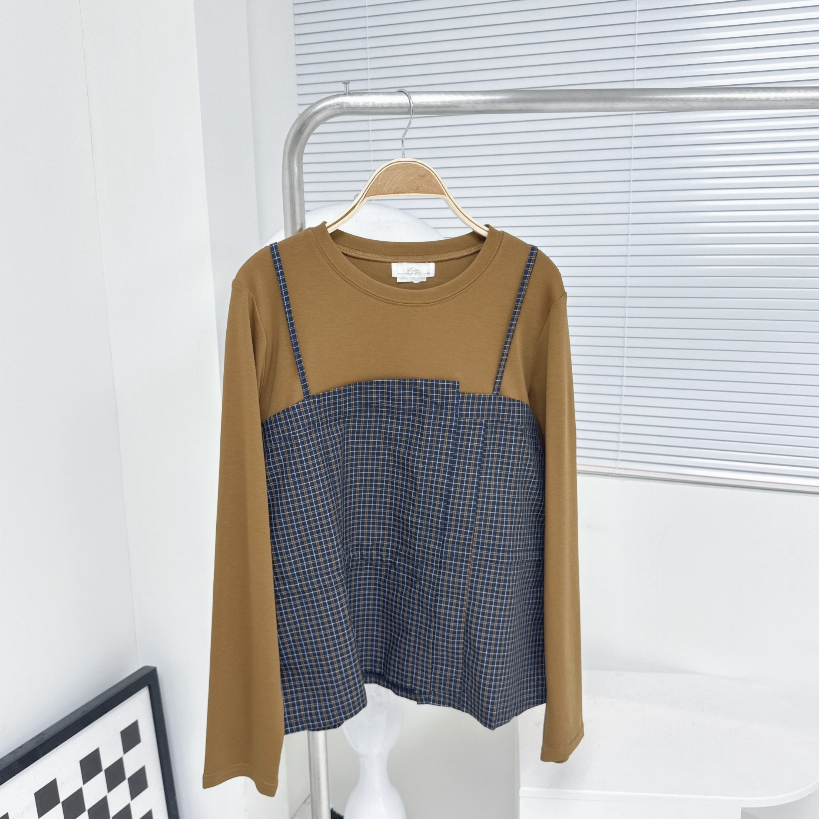 【廠家制】假兩件拼格仔TOP