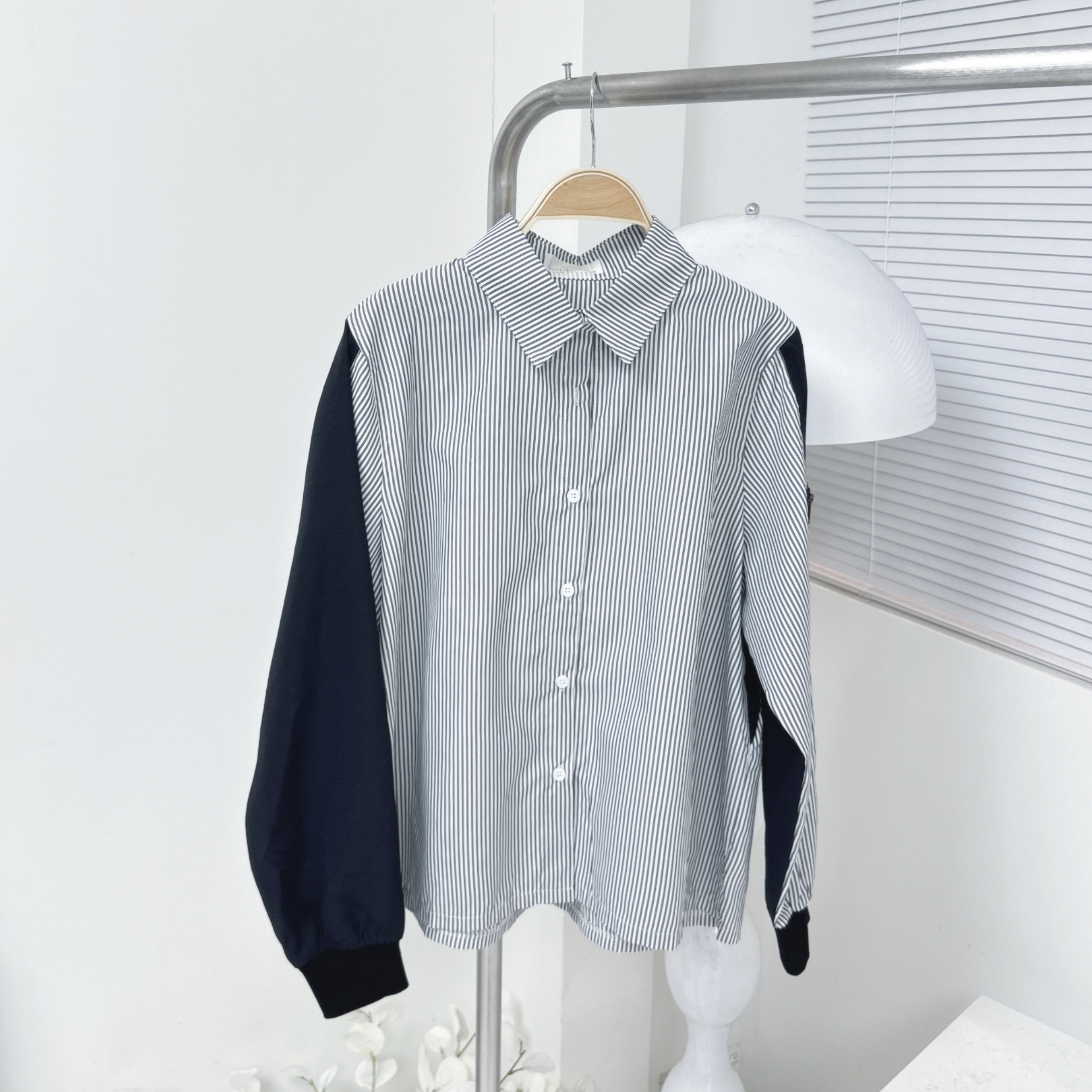 【廠家制】半拼牛仔袖條子恤