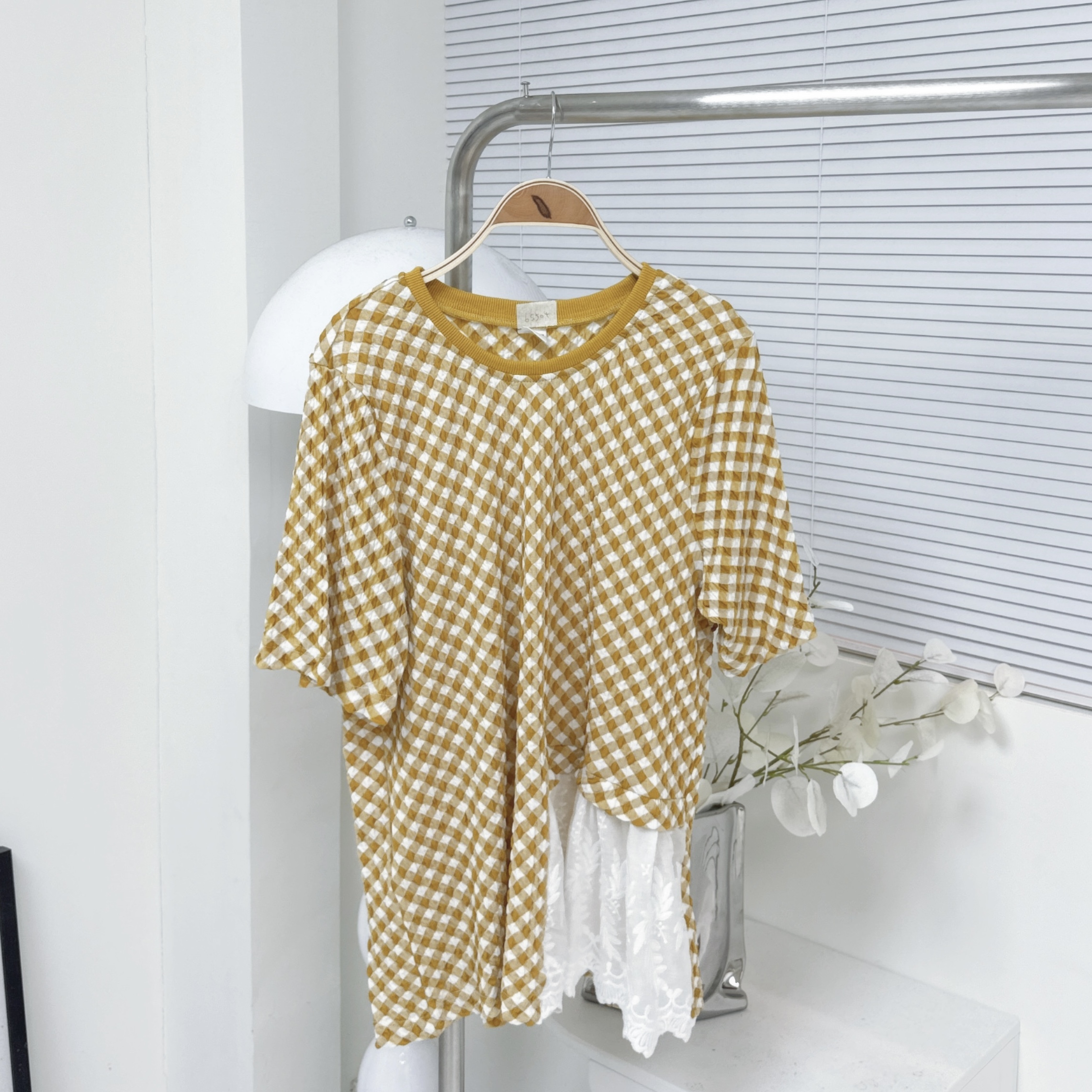 【廠家制】菱格拼通花短袖TOP