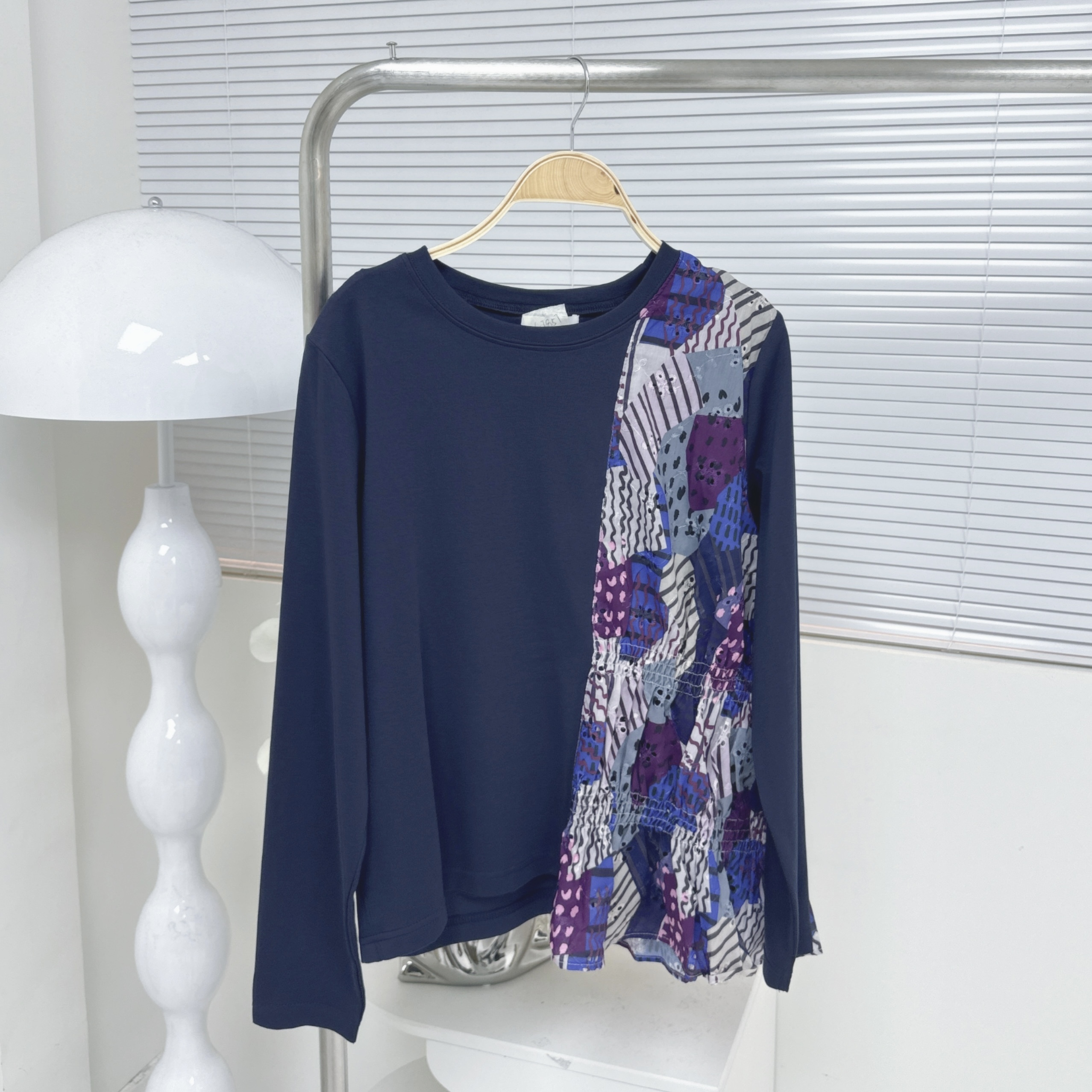 【廠家制】半拼花布長袖TOP