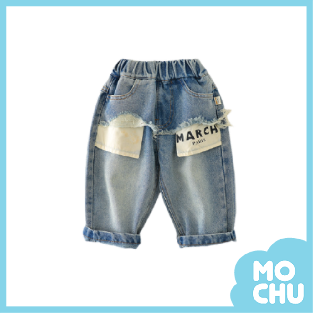 布標拼接毛邊牛仔長褲