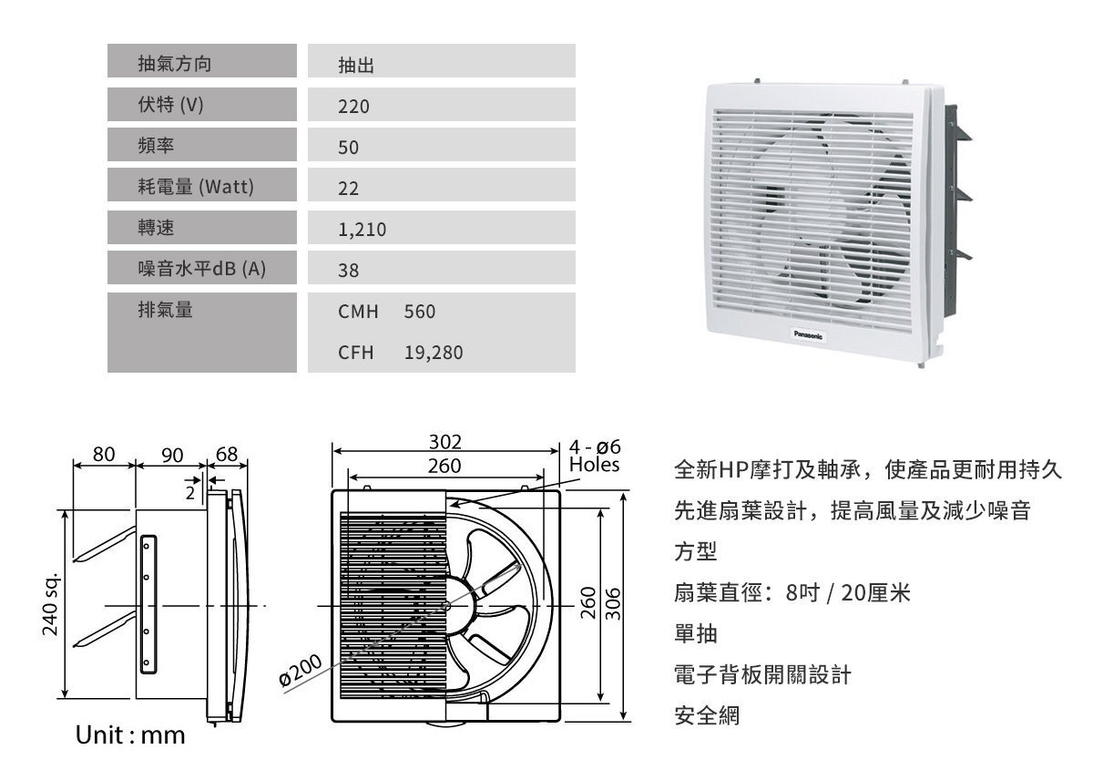 樂聲 Panasonic   FV-20DL307‧扇葉直徑:20厘米/8吋‧電動百葉背板抽氣扇‧香港行貨,原廠1年保養‧