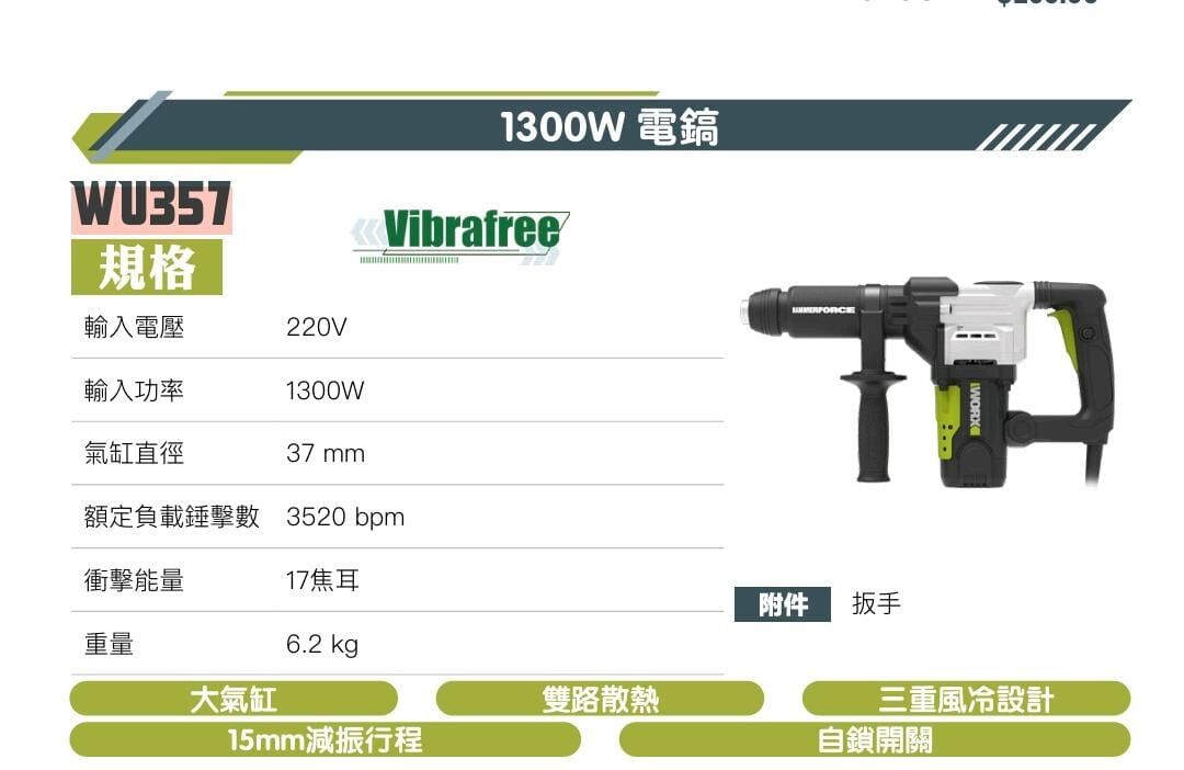 WORX細炮 5kg 輕身炮仔 WU357 1300W 37氣缸 電鎬 1300w 3520bpm