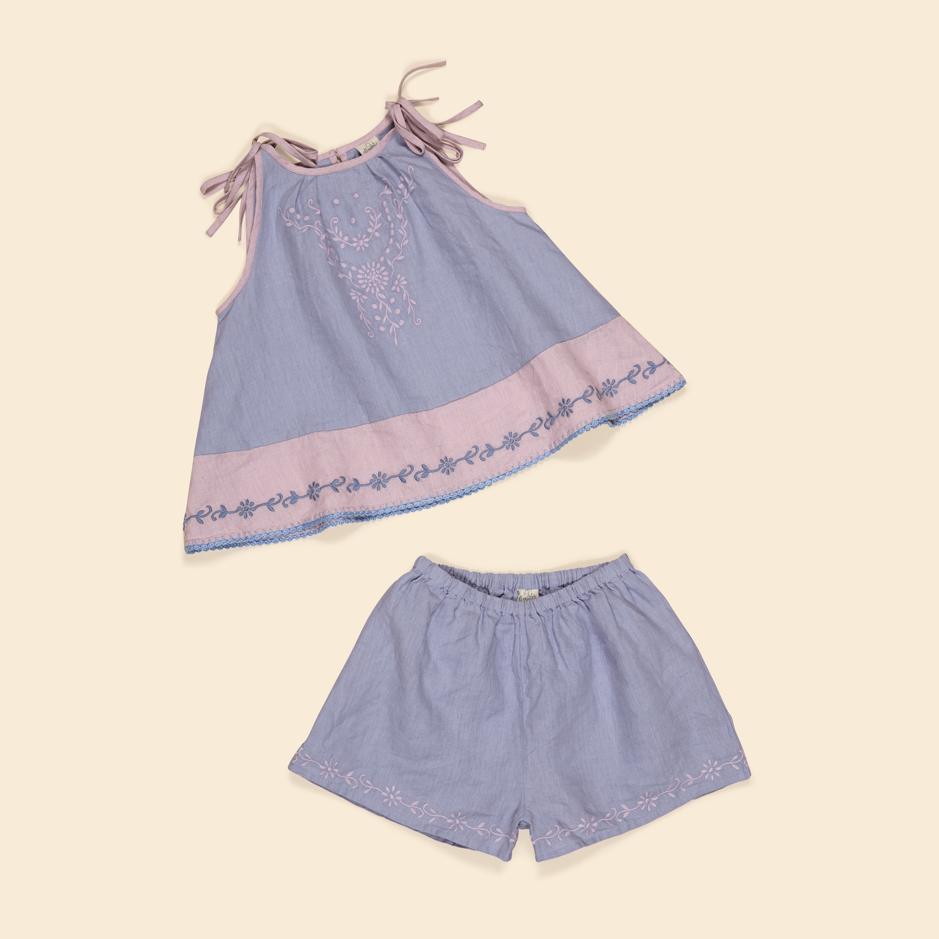 Apolina 甜美綁結後領小簍空套裝 EMELINE SHORT SET - BLUE-LILAC/LILAC