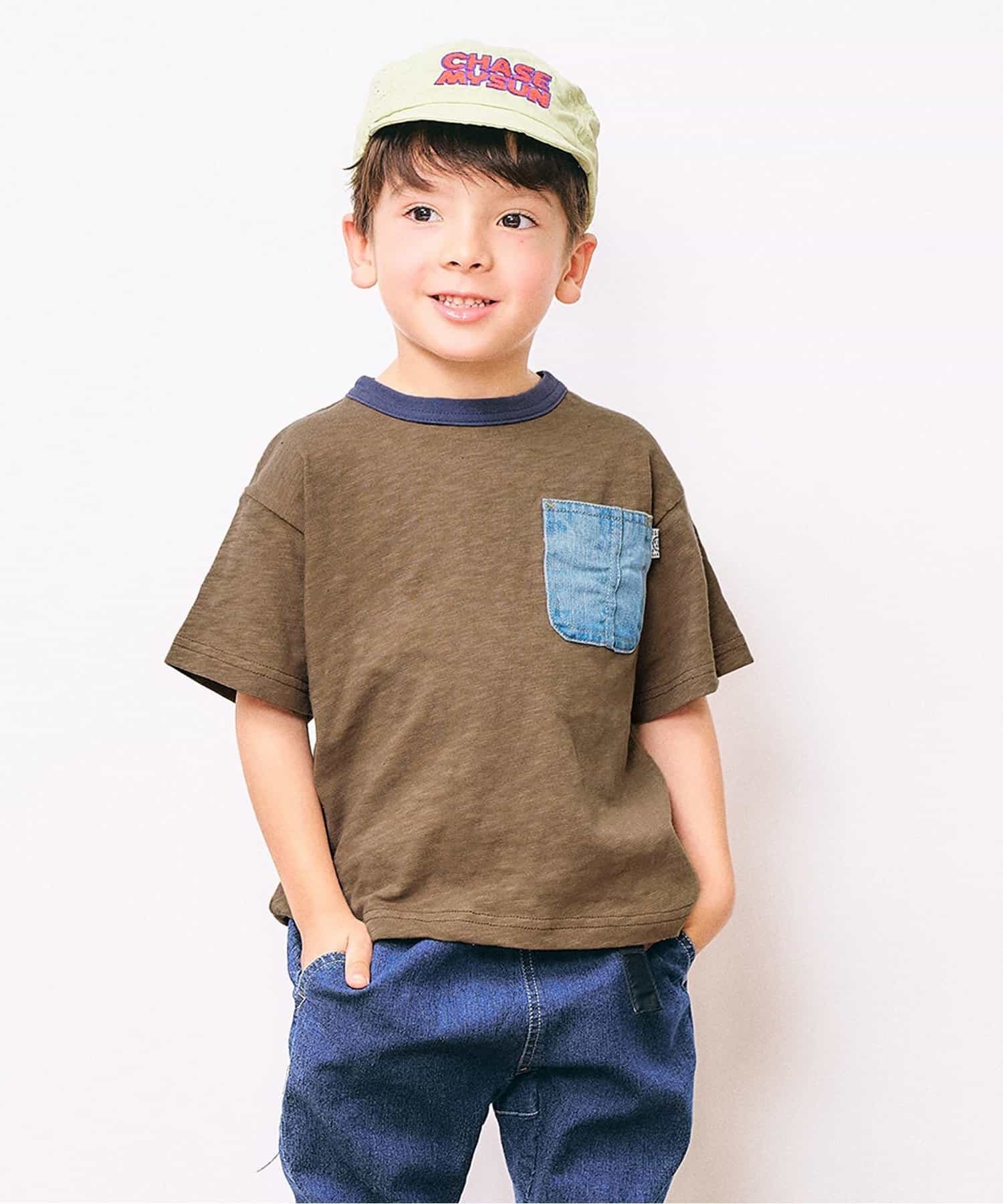 日本 F.O.KIDS 復古拼接 丹寧藍染 短袖上衣 (咖啡色，140) R207076