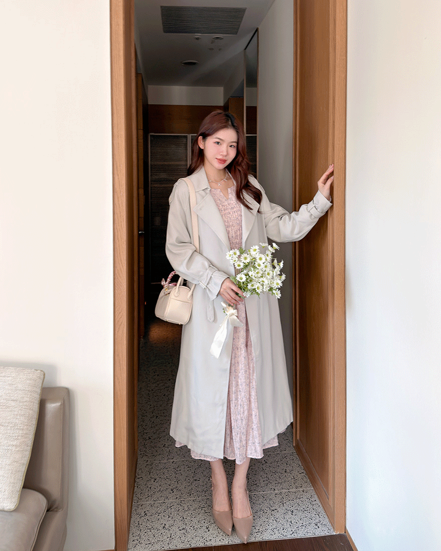 LINA LINA聖水洞序章翻領排釦風衣外套附綁帶-質感灰杏