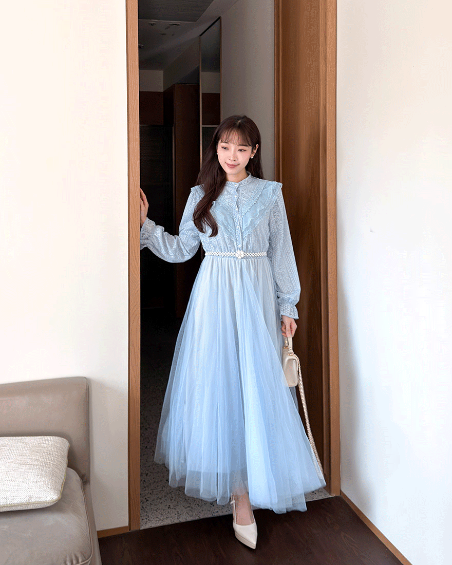 LINA LINA優雅花漾蕾絲網紗洋裝 附花鑽腰帶-典雅藍