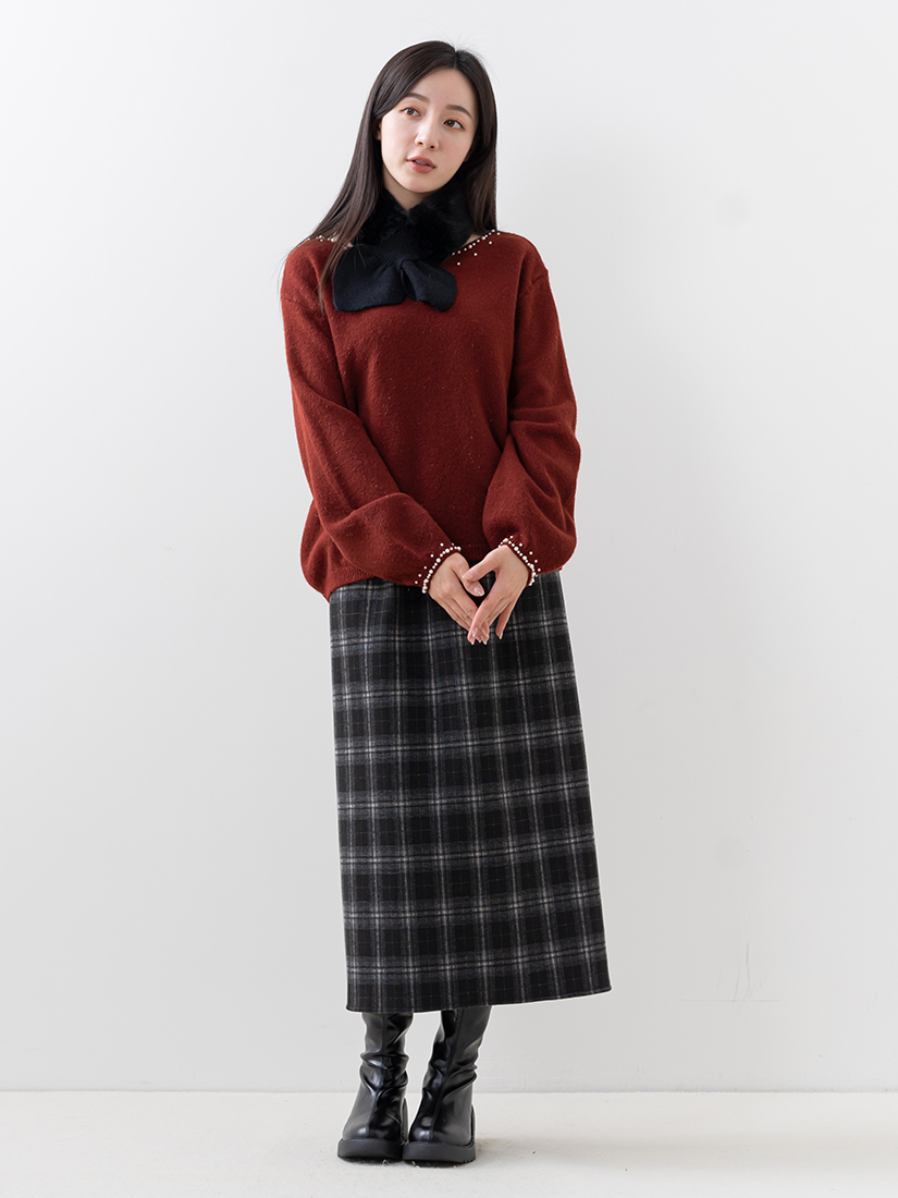 名媛氣質一字領珍珠金蔥針織上衣