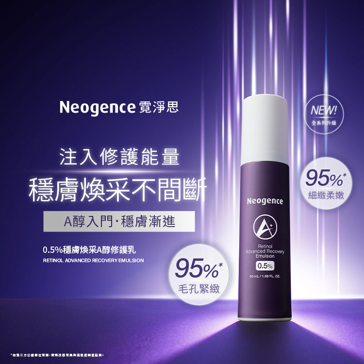 Neogence 霓淨思，注入修護能量，穩膚煥采不間斷。A醇入門・穩膚漸進。產品名稱：0.5%穩膚煥采A醇修護乳 RETINOL ADVANCED RECOVERY EMULSION。圖中展示實測數據：95%細緻柔嫩、95%毛孔緊緻。標註：NEW! 全系列升級，依第三方公正單位實測結果。