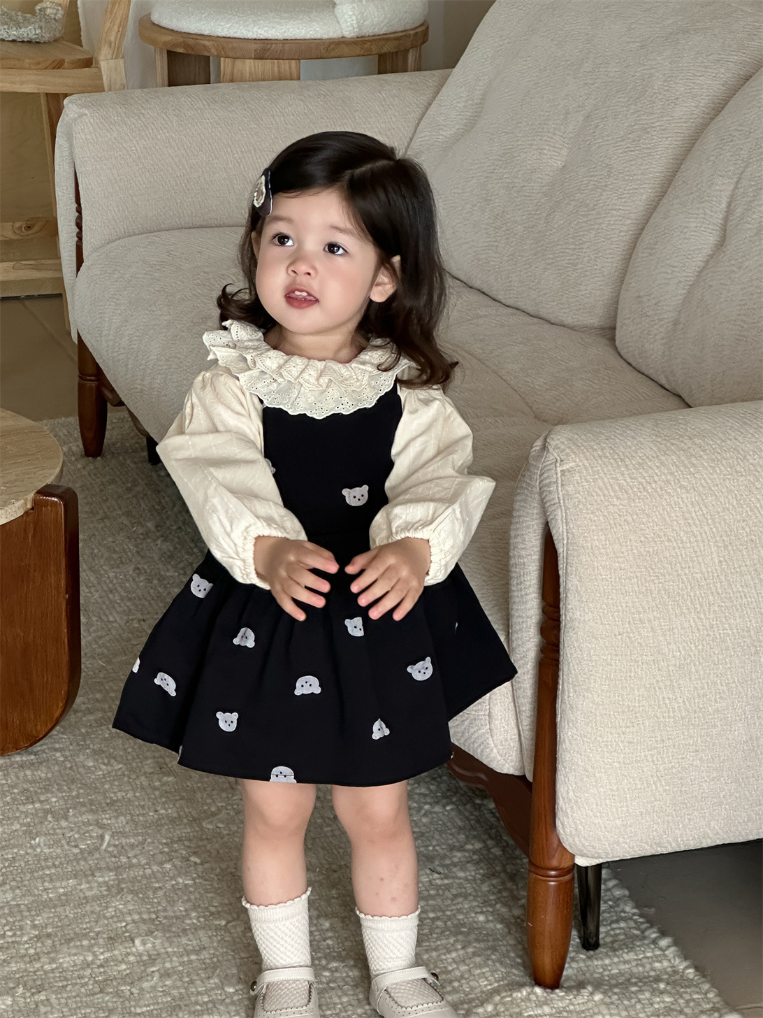 【H0364】甜美蕾絲娃娃領襯衫/小熊吊帶裙(73-110)