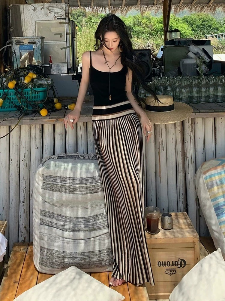 涼感針織 顯瘦條紋長洋