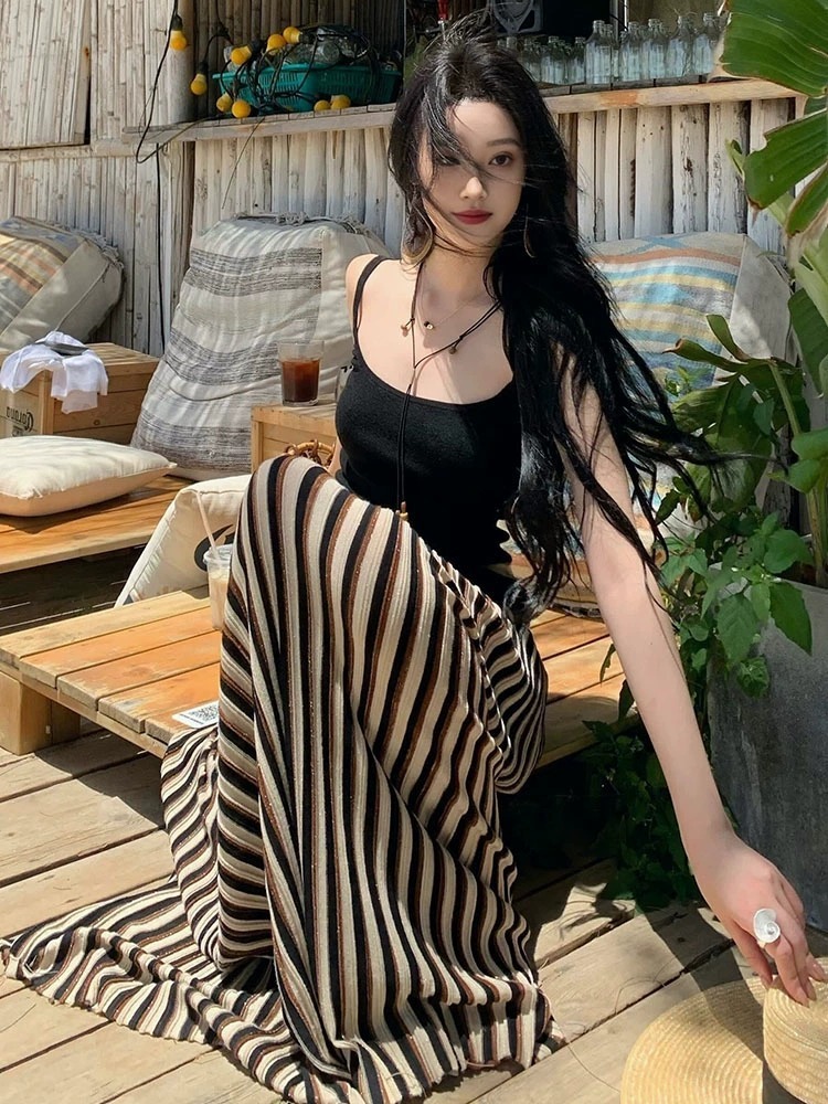 涼感針織 顯瘦條紋長洋