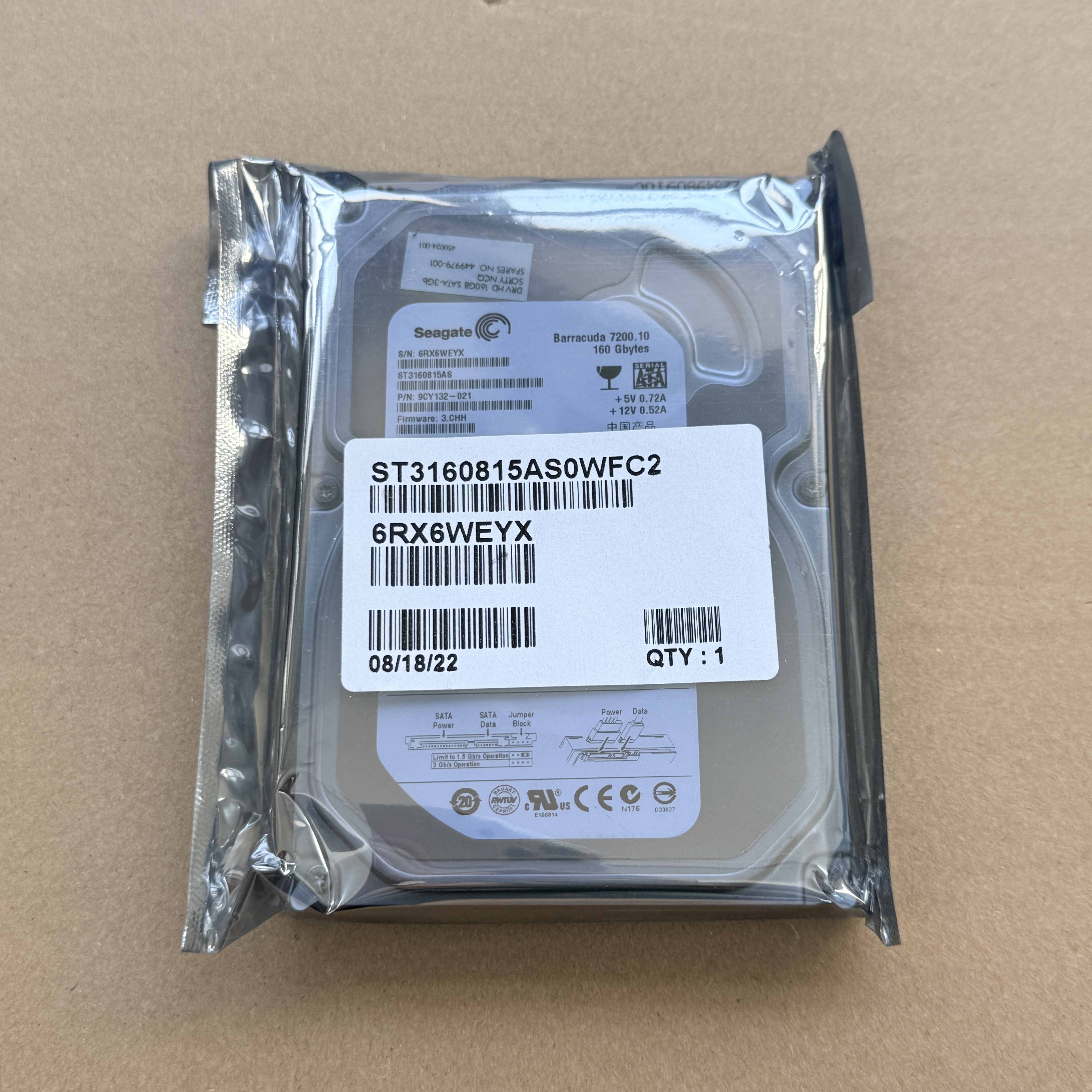ST3160815AS SEAGATE 3.5" 160GB 7200 RPM 8MB SATA HDD (翻新)