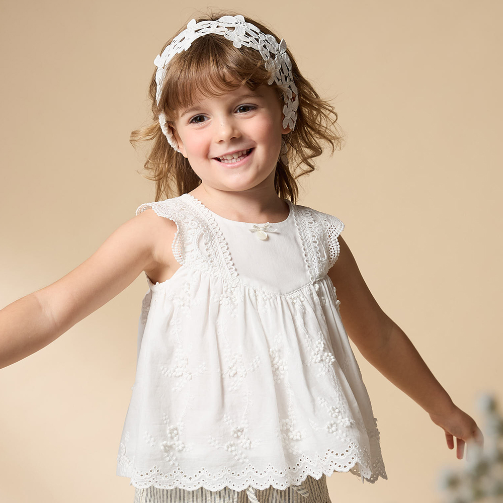 PIPPY 優雅剪接蕾絲純棉無袖圓領上衣 米