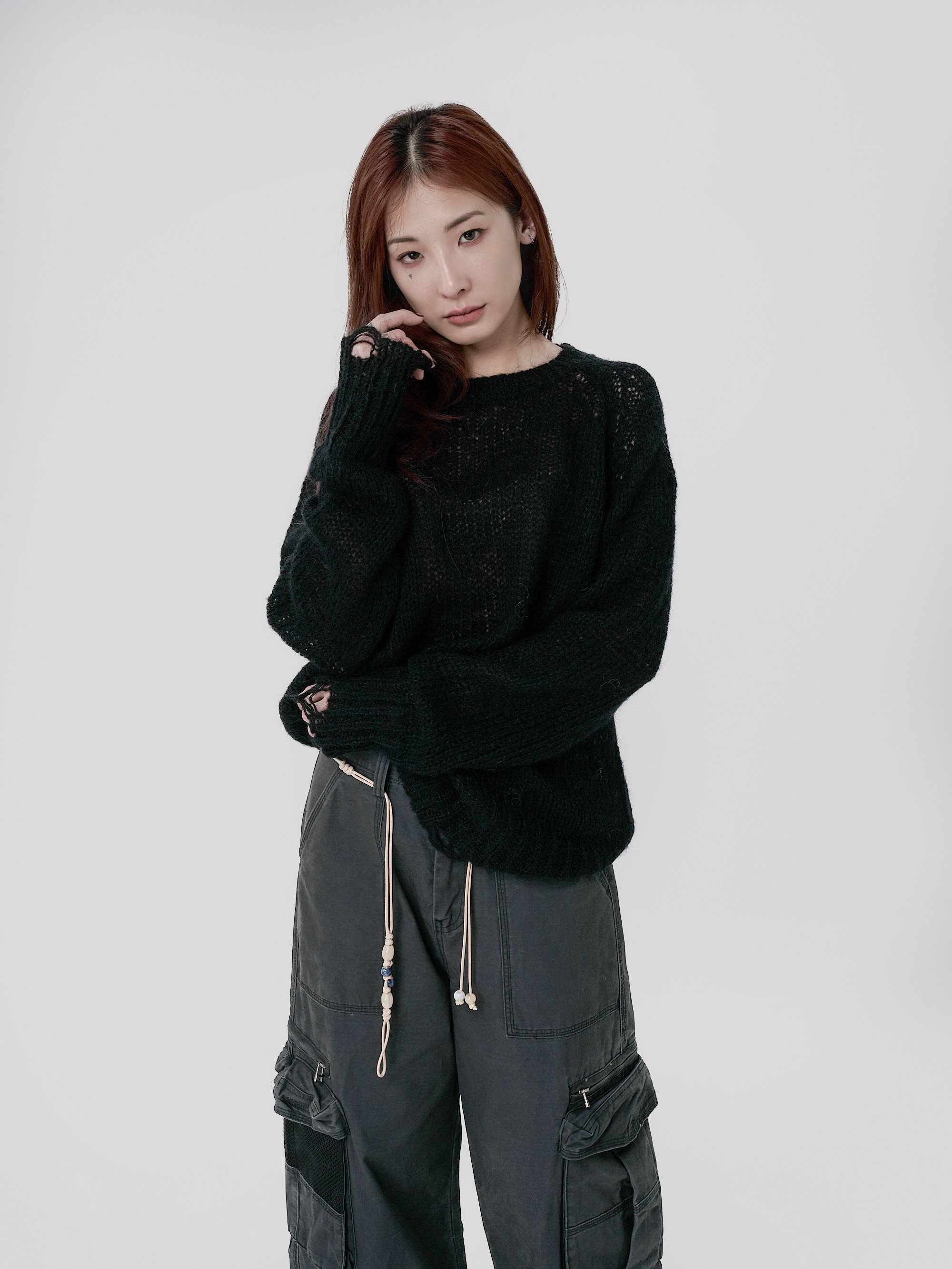 簍空輕量針織長袖-黑